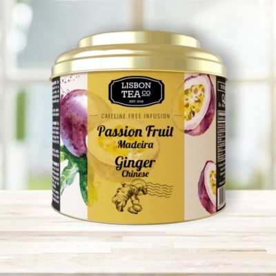 Lata dourada de chá Passion Fruit Madeira Ginger da Lisbon Tea Co