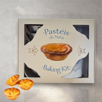 Caixa de kit para Pastéis de Nata com três pastéis em destaque