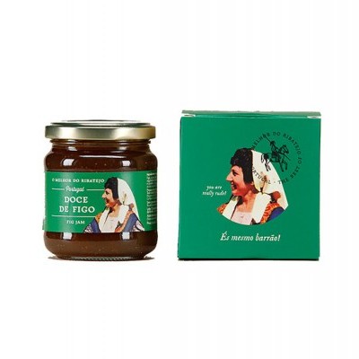 Frasco e caixa de doce de figo com rótulo verde e ilustração colorida