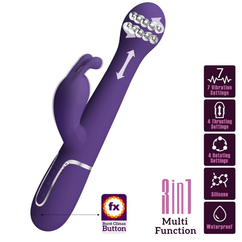 Produto roxo com esferas giratórias e funções múltiplas indicadas