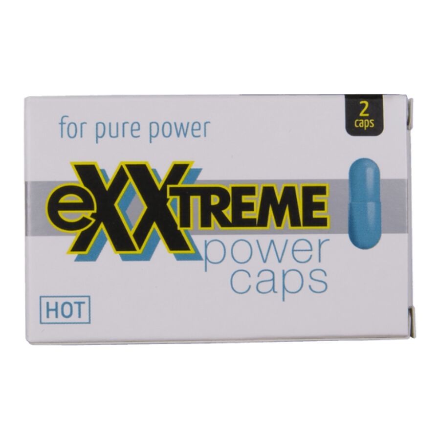 Embalagem branca de cápsulas power caps com texto eXXtreme e imagem de cápsula azul