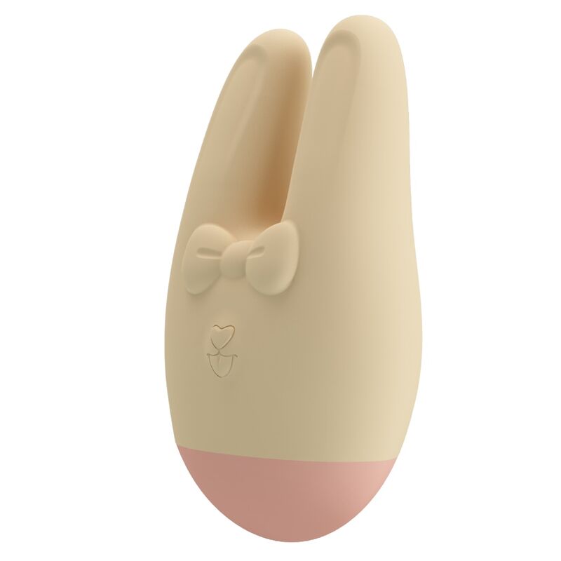 Dispositivo em forma de coelho bege e rosa com laço em relevo