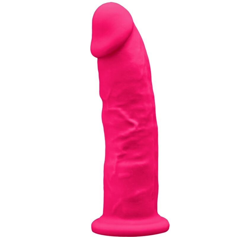 Dildo rosa vibrante com base alargada sobre fundo branco