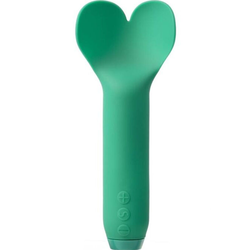 Vibrador verde de silicone com ponta em forma de coração e botões na base