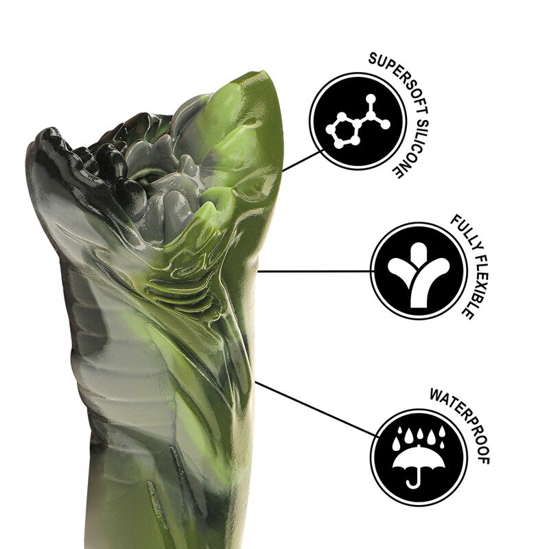 Produto verde translúcido em silicone com texto e ícones