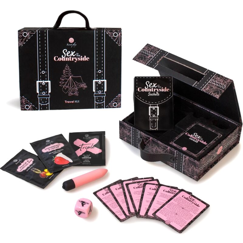 Kit Sex Countryside com embalagem preta tipo mala, cartas, pacotes coloridos, dado e vibrador rosa