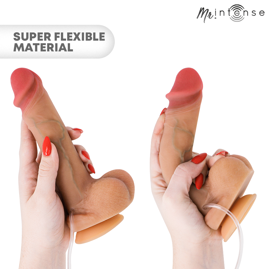 Dois dispositivos flexíveis em forma de pénis segurados por mãos femininas, com texto SUPER FLEXIBLE MATERIAL