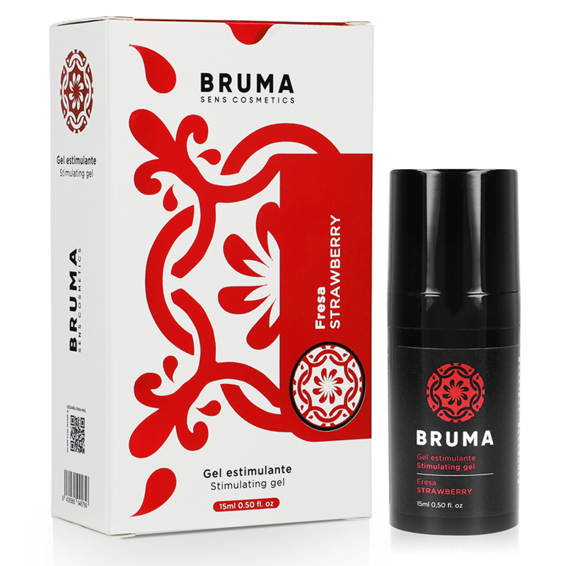 Gel estimulante Bruma sabor fresa com embalagem branca e frasco preto