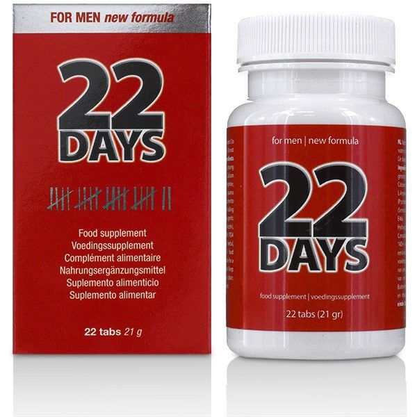 Embalagem vermelha e frasco branco de suplemento 22 DAYS para homens
