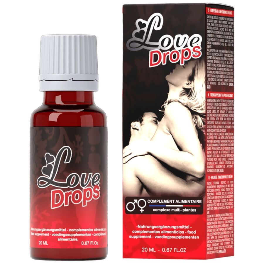 frasco e caixa vermelhos do suplemento Love Drops com imagem de casal e texto multilíngue