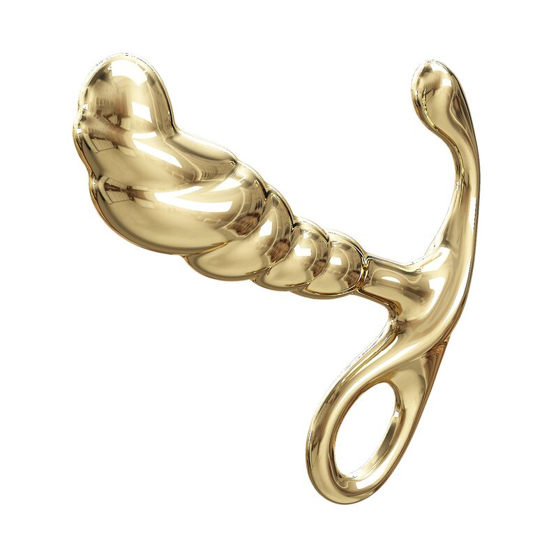Objeto dourado brilhante curvado com alça e orifício