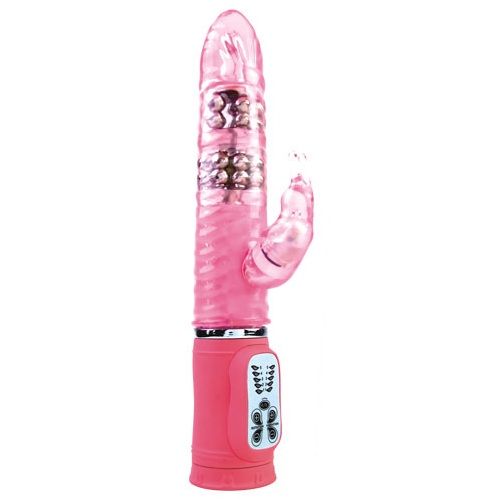 Vibrador rosa translúcido com controle na base e pequeno estimulador lateral.
