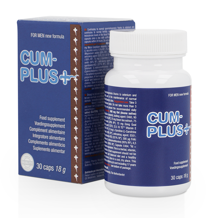 Suplemento alimentar para homens CUM-PLUS+ em embalagem azul com 30 cápsulas