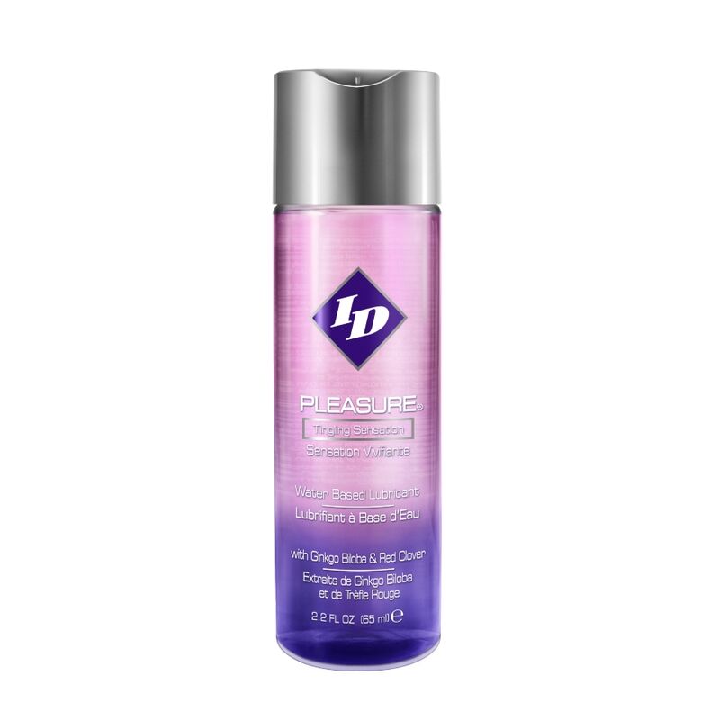 Frasco de lubrificante ID Pleasure com líquido rosa e roxo e tampa prateada