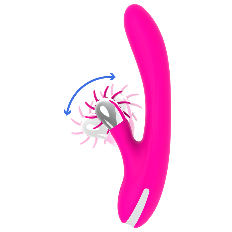 Vibrador rosa em silicone com detalhe prateado e parte rotativa