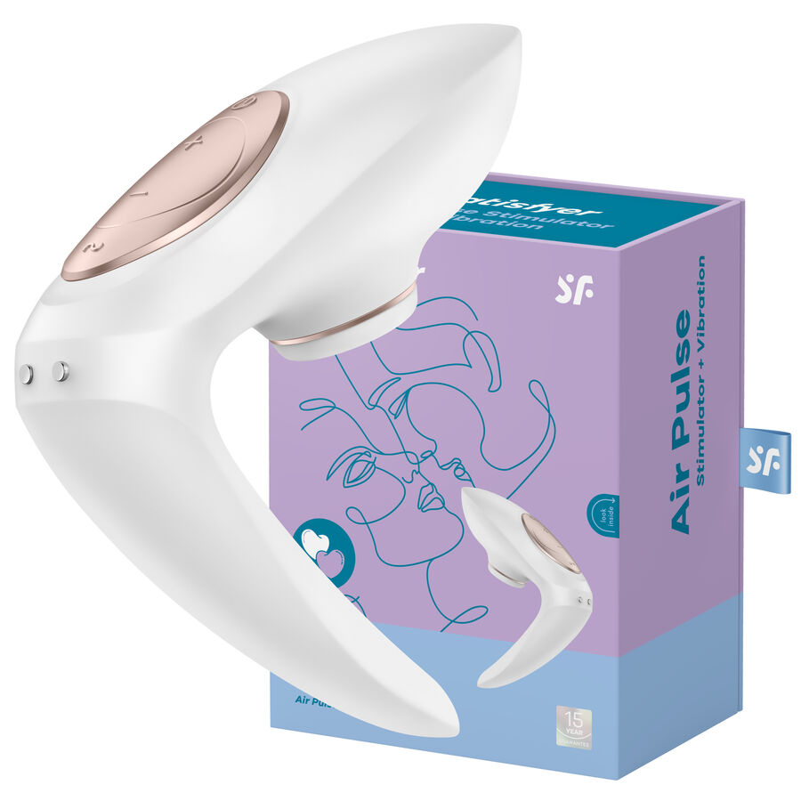 Dispositivo branco curvo com botão rosa dourado e caixa colorida Air Pulse
