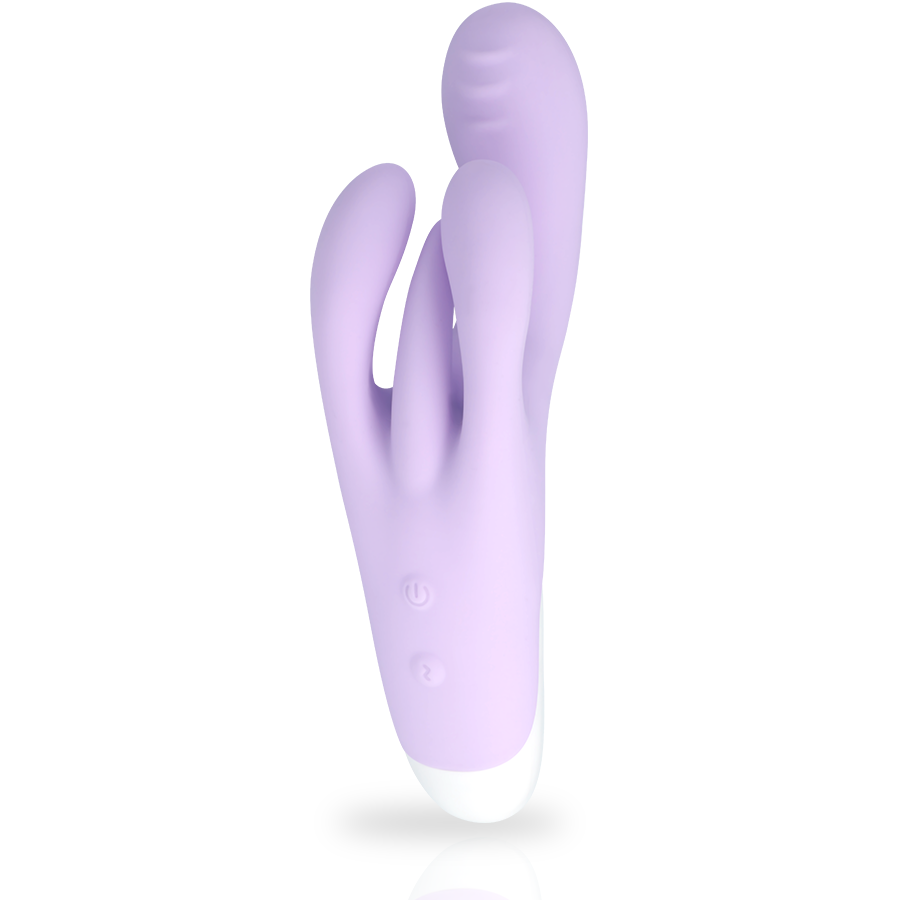 Vibrador lilás em silicone com três prolongamentos e base branca