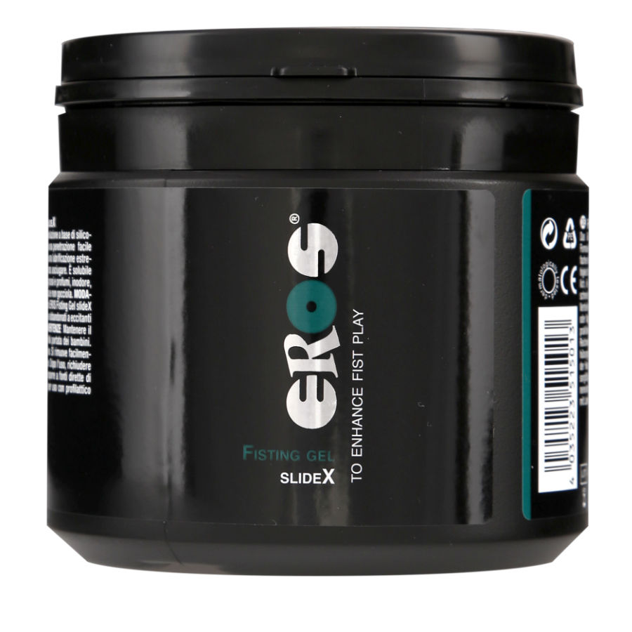 Frasco preto de gel EROS com tampa preta e texto colorido