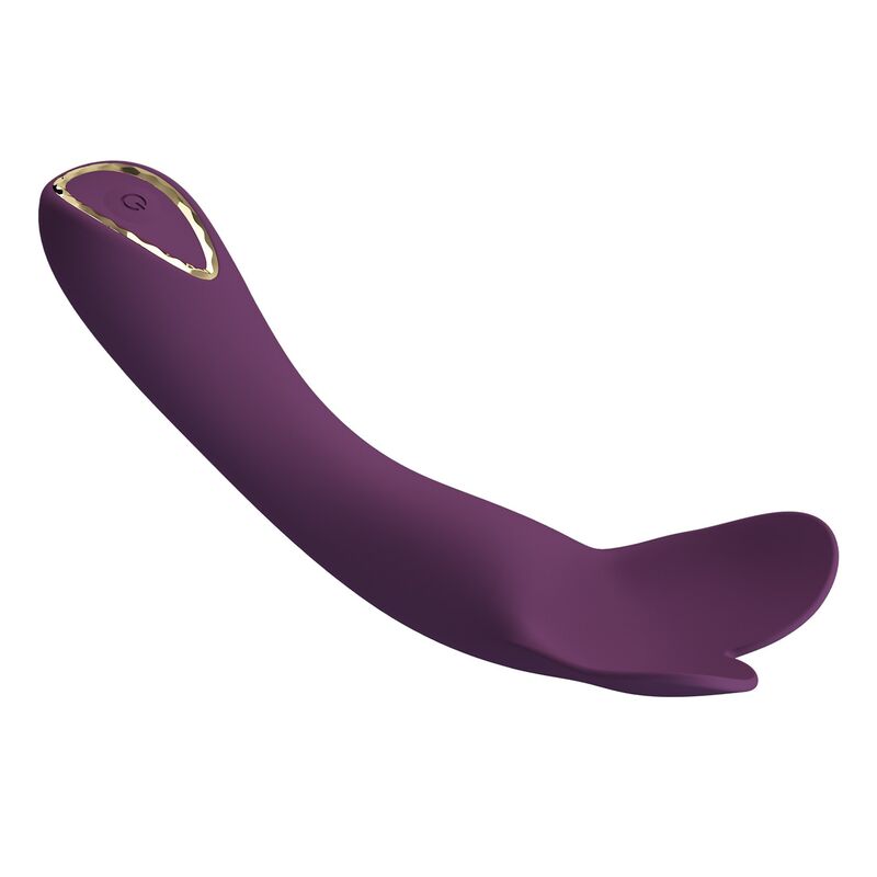 Vibrador roxo curvo com detalhe dourado em fundo branco