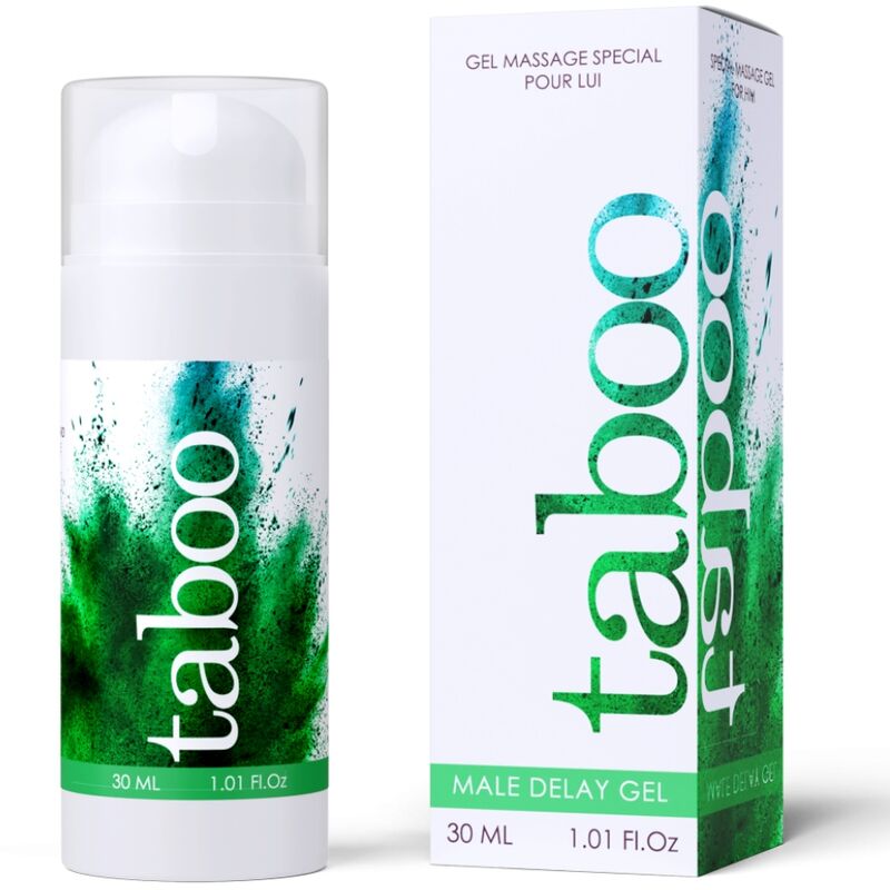 Frasco e caixa de gel de massagem tabu branco com verde