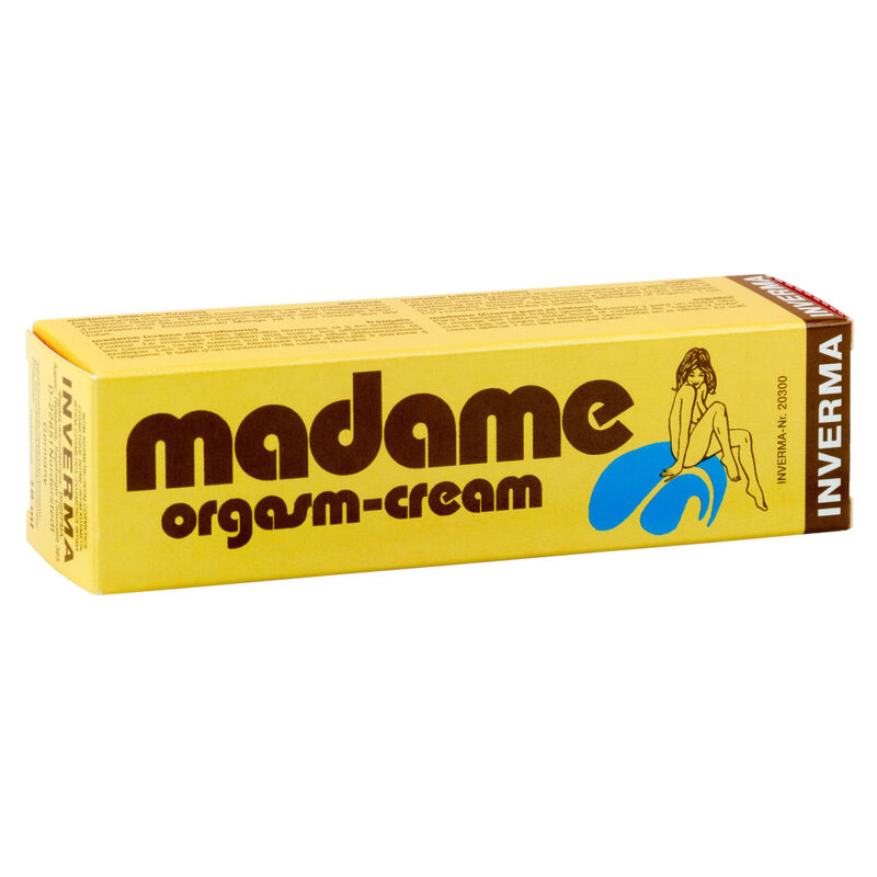 Embalagem amarela com texto madame orgasm-cream e ilustração de mulher em azul