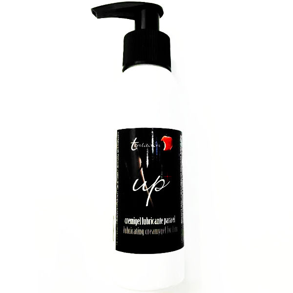 Frasco branco com bomba preta de creme gel lubrificante para homens