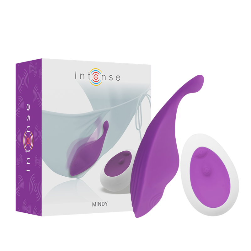 Produto vibrador roxo com comando branco e roxo ao lado da embalagem