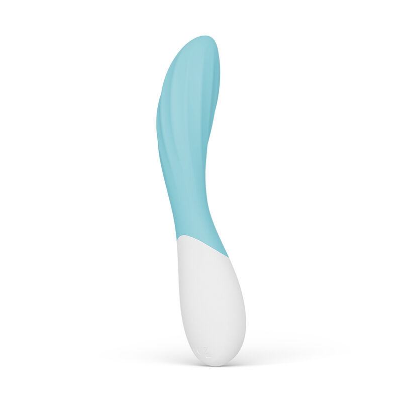 Vibrador curvado azul claro e branco em fundo branco