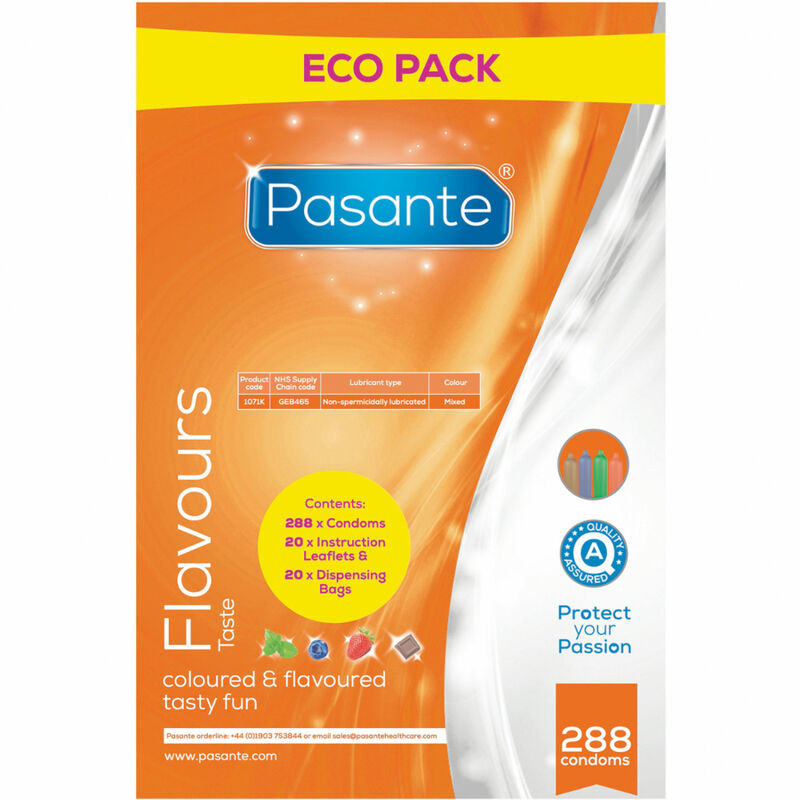 Embalagem laranja e branca de preservativos Pasante Eco Pack com 288 unidades.