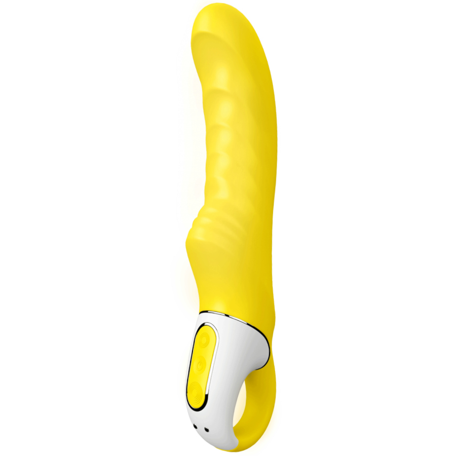 Vibrador amarelo com textura ondulada e parte inferior branca com botões
