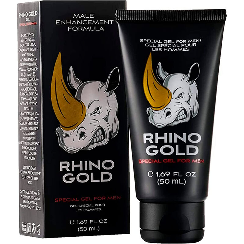 Embalagem e tubo de gel preto Rhino Gold para homens com rinoceronte branco e chifre dourado