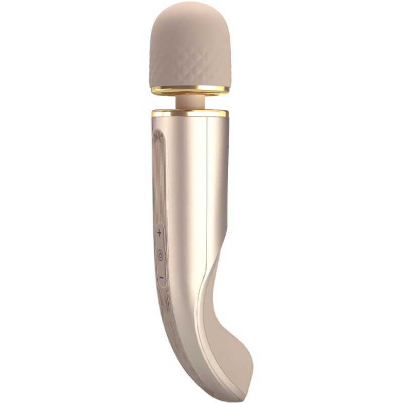 Vibrador bege e dourado com controle lateral e cabeça texturizada