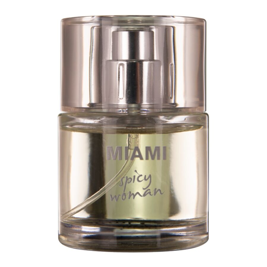 Frasco de perfume de vidro com tampa transparente e texto MIAMI spicy woman