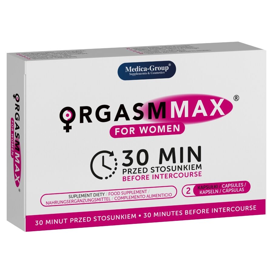 Embalagem de suplemento alimentar Orgasmmax para mulheres, branco e rosa