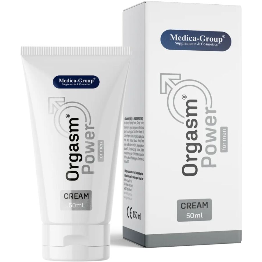 Frasco e embalagem de creme branco Orgasm Power for men com texto azul e cinza