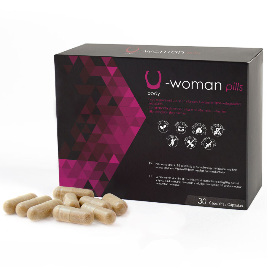 Embalagem preta de suplemento alimentar U-woman pills com cápsulas bege claro
