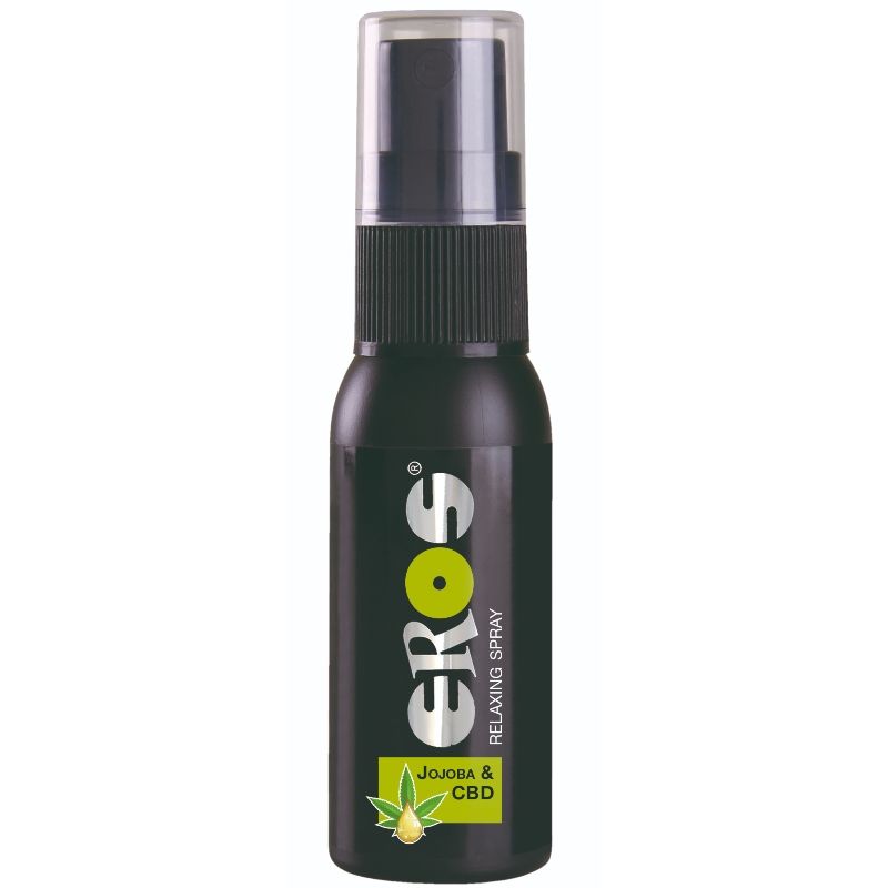 Frasco preto de spray EROS com rótulo destacando Jojoba e CBD