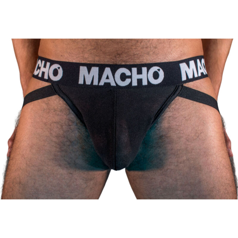 Cueca jockstrap preta masculina com cinto elástico 'MACHO' branco