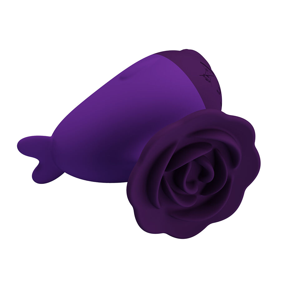 Produto de silicone roxo em forma de rosa com detalhe em forma de pétalas
