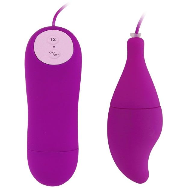 Vibrador roxo com controlo remoto e botão branco com texto