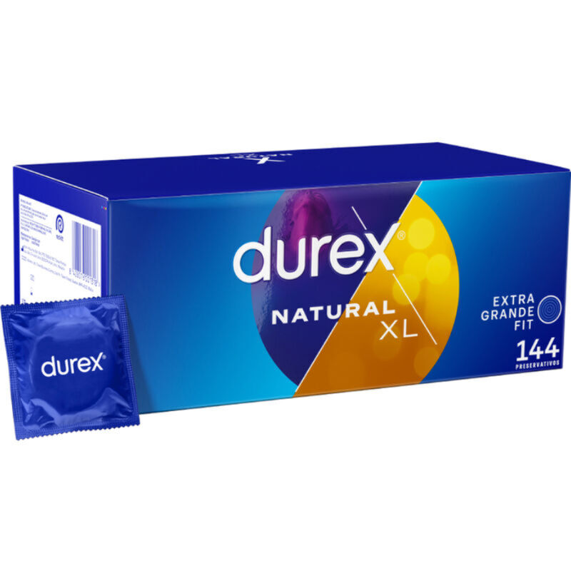 Caixa azul de preservativos Durex Natural XL com texto e preservativo embalado azul
