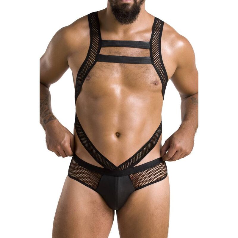 Roupa interior masculina preta com alças largas e tecido de rede