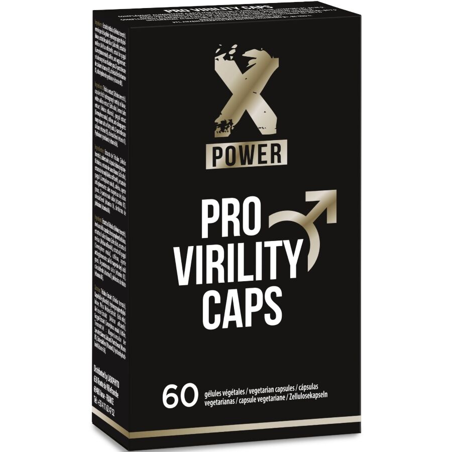 Caixa do suplemento X Power Pro Virility Caps preta com letras douradas e brancas