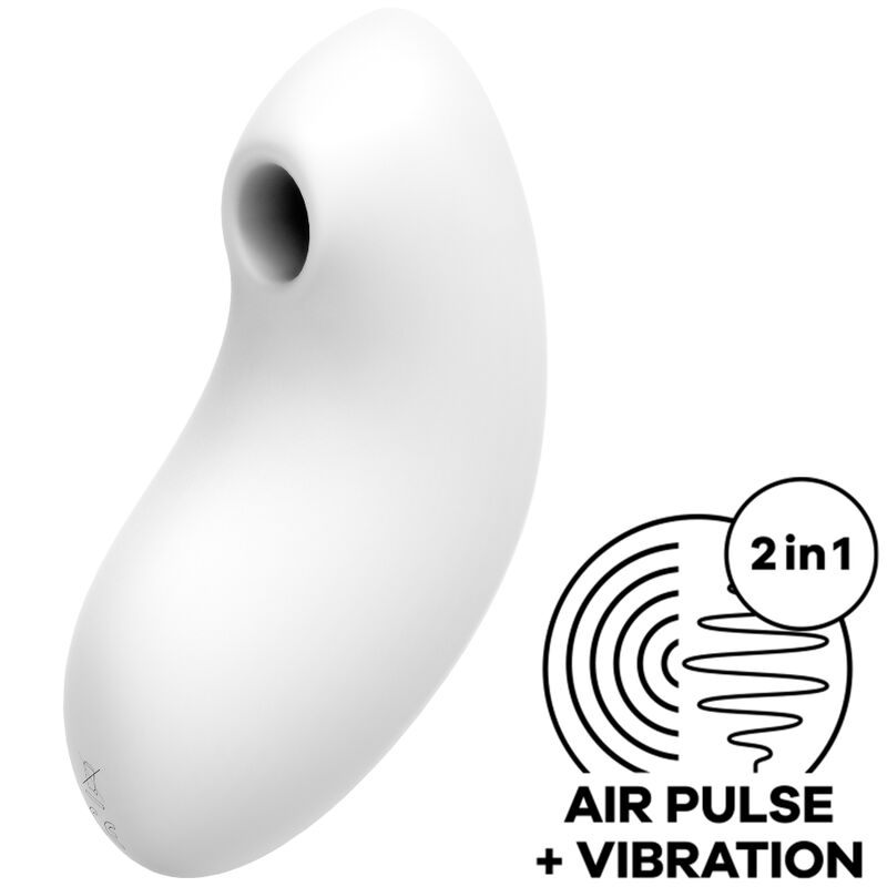 Dispositivo branco curvo com orifício negro e texto '2 in 1 AIR PULSE + VIBRATION'