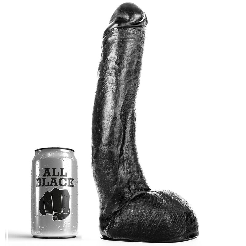 Dildo realista preto ao lado de uma lata com texto ALL BLACK