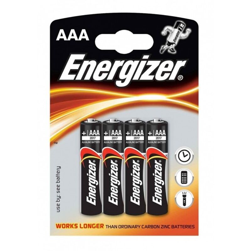 Embalagem de quatro pilhas alcalinas AAA Energizer com design preto e laranja
