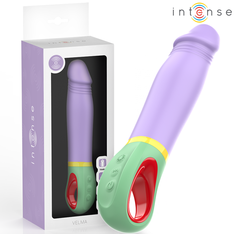 Vibrador roxo com base verde e embalagem Intense