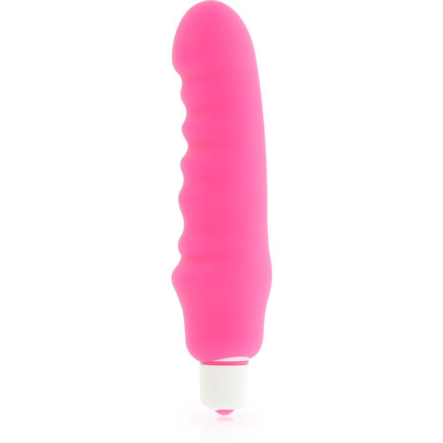 Vibrador cor-de-rosa com textura ondulada e base branca