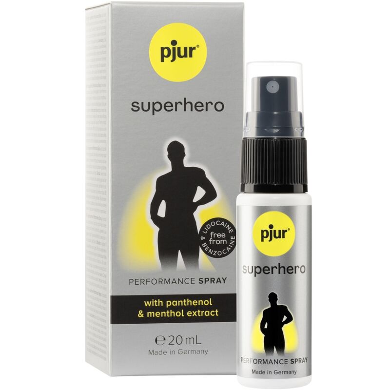 Frasco e caixa do spray pjur superhero de 20 mL com design cinzento e amarelo, texto e silhueta preta.