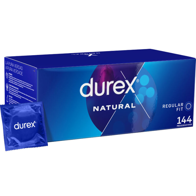 Caixa de preservativos Durex Natural azul com 144 unidades e embalagem individual azul